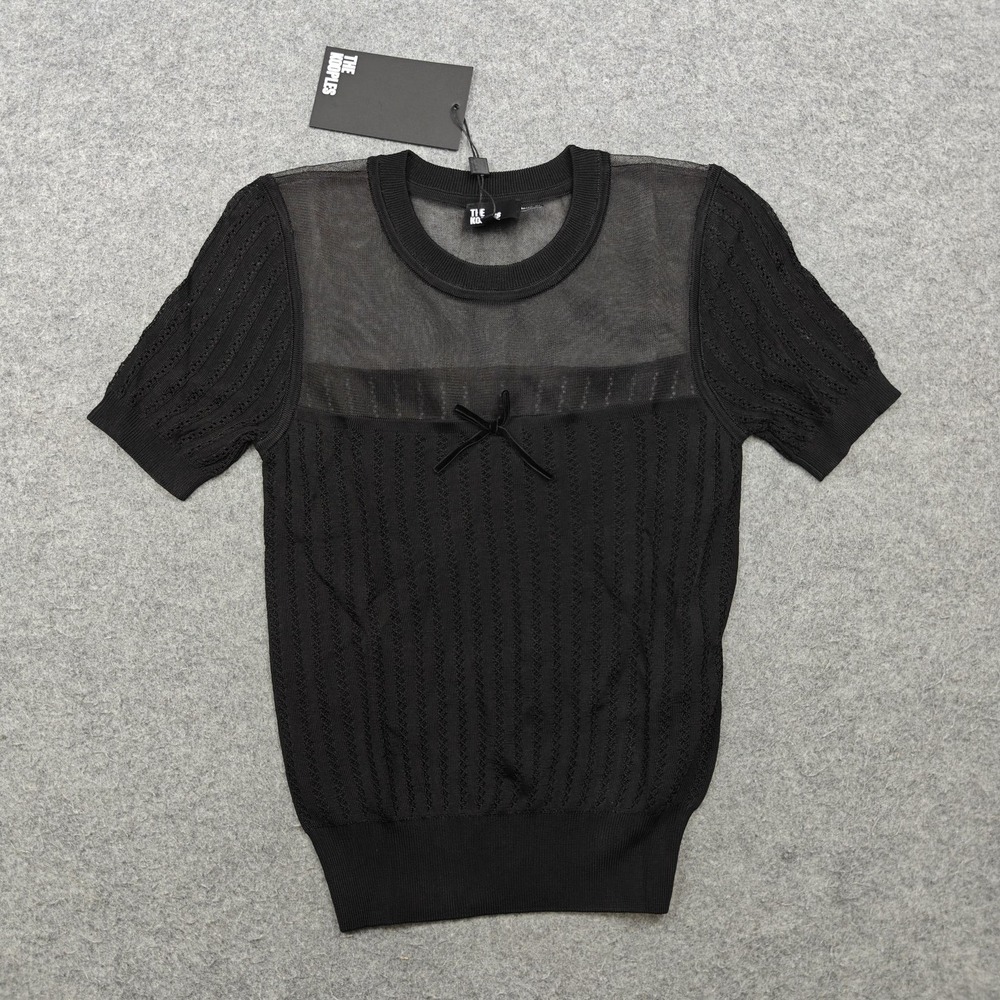 The Kooples Sweater Womens XS Black Sheer Mesh Bow Knit Short Sleeve Pullover